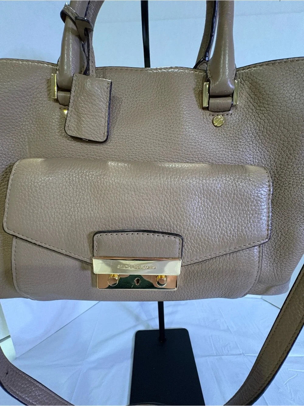 Michael Kors Taupe Pebbled Leather Shoulder Tote with Gold Hardware
